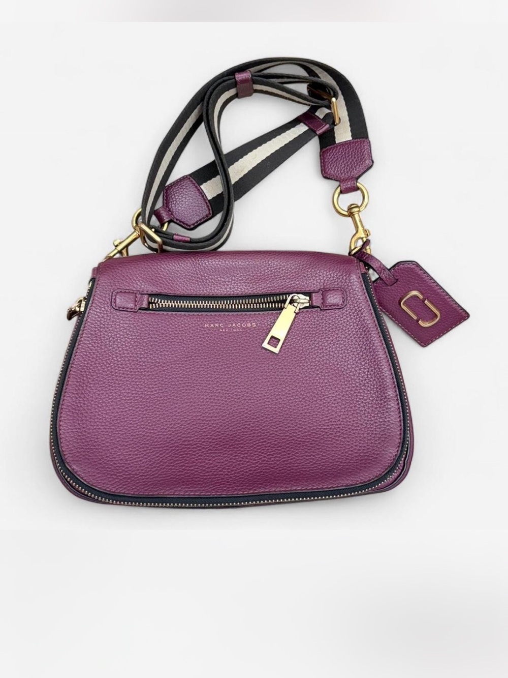Marc Jacobs Plum Pebbled Leather Crossbody with Striped Strap